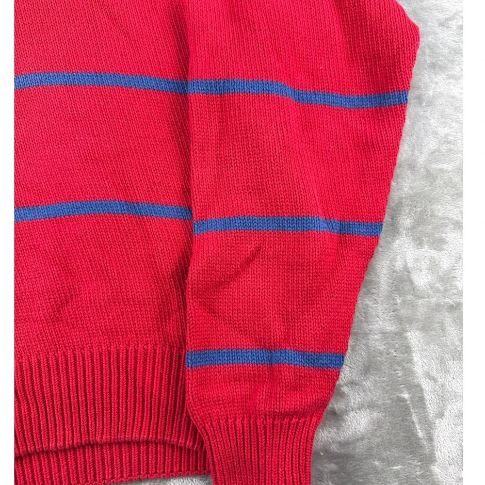 Eddie Bauer Sweater Mens L Striped Red Blue Cotton Shaker Knit EUC